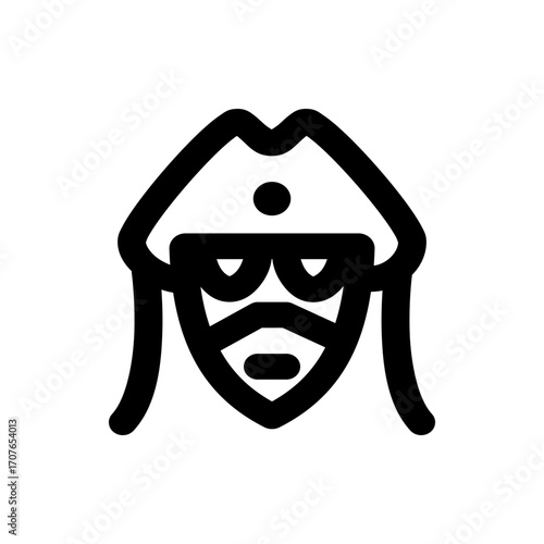 Illustration of a stylized pirate face with a hat, beard, and long hair in a minimalist black outline