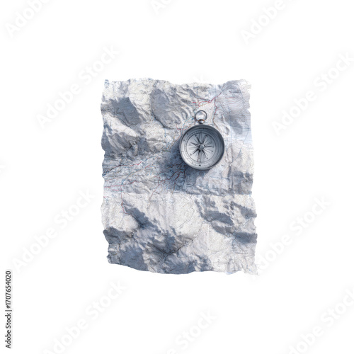 Crumbled Topographic Map with Compass - Navigation and Exploration Concept