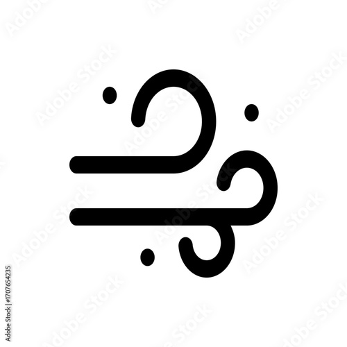 Illustration of wind blowing with curved lines and small circular dots in a simple black and white design