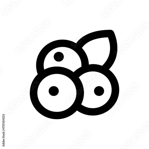 Illustration of a cluster of berries with a leaf in black outline on a white background design element