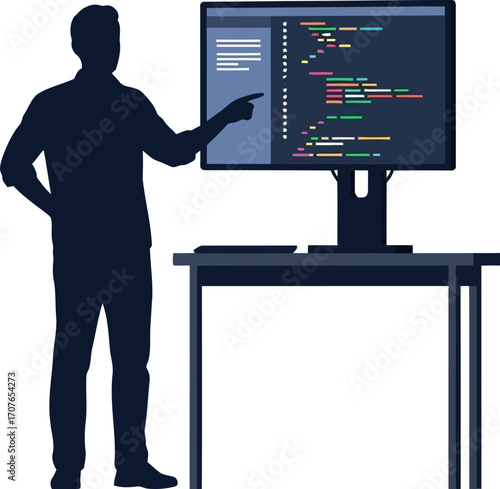 Vector art of silhouette of a programmer pointing at a computer screen displaying code, transparent background
