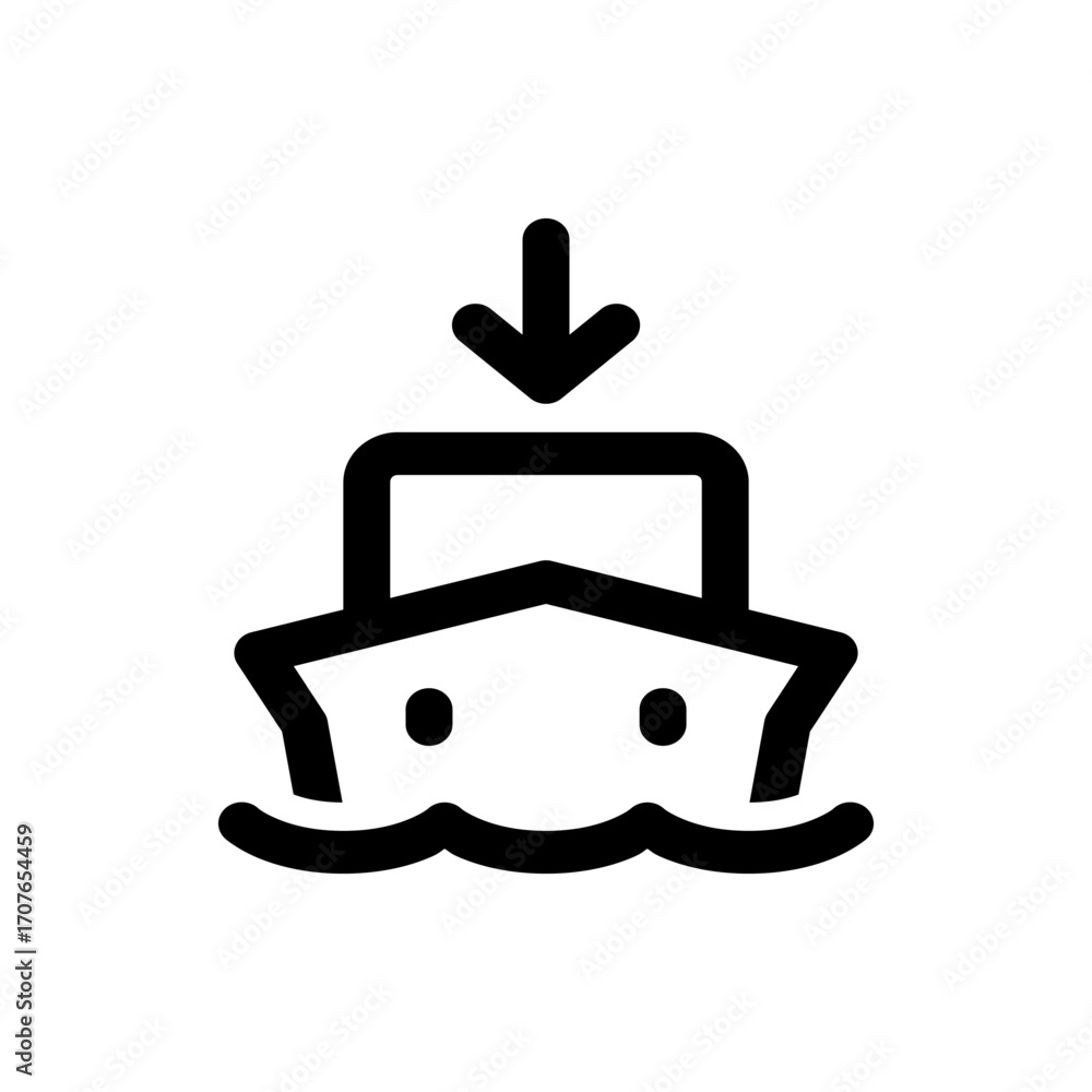 Black outline of a boat on waves with an arrow pointing down suggesting loading or downloading icon style