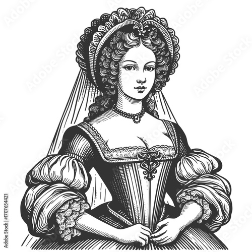 elegant woman in ornate gown with puffed sleeves, lace details, jewelry, and decorative headwear sketch engraving generative ai fictional character vector illustration. Scratch board. Black and white.