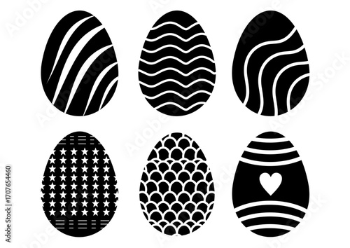 A set of six black and white vector icons of eggs. Each egg is decorated with a different pattern, including stripes, waves, stars, scales, and a heart.