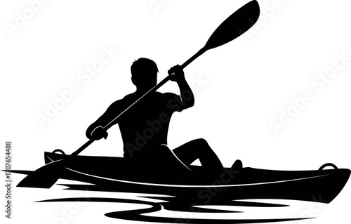 Vector art of silhouette of a person kayaking on water, transparent background