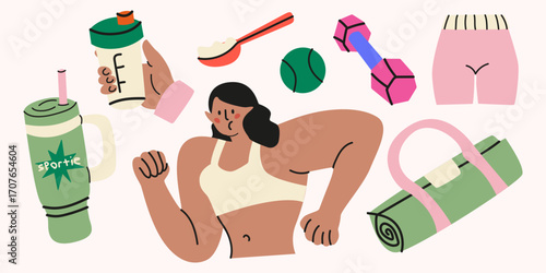 Sports stickers in cartoon retro style. Fitness equipment, training items. Workout elements, dumbbells, kettlebell, mat, protein, sports uniform, girl athlete character. Vector illustration