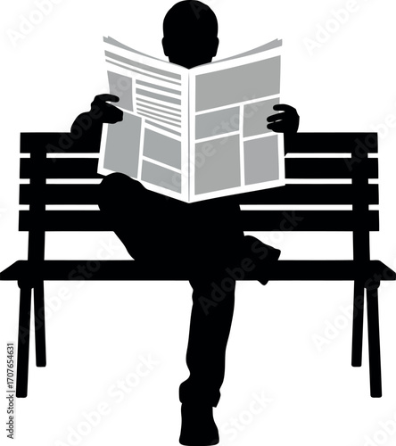 Vector art of silhouette of a person sitting on a park bench reading a newspaper, transparent background
