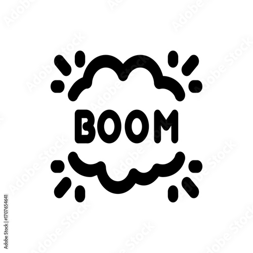 Illustration of a black and white boom cloud with the word boom inside and explosion marks around it
