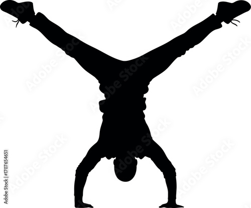 Vector art of silhouette of a person doing a handstand with legs spread wide apart, transparent background