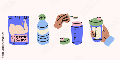 Sports nutrition vector illustration in cartoon flat style. Food supplements for bodybuilders and athletes. Instruction how to make protein drink
