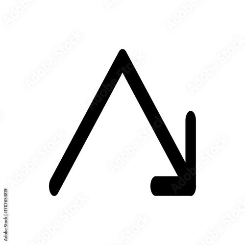 Black arrow pointing downwards with a sharp turn in a minimalistic style on a white background view