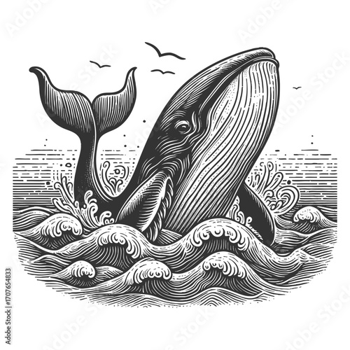 whale breaching the sea, surrounded by splashing waves and flying seabirds in retro style sketch engraving generative ai vector illustration. Scratch board imitation. Black and white image.