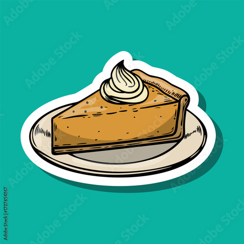 A slice of pumpkin pie topped with whipped cream on a white plate. The background is a solid teal color, emphasizing the dessert's warm tones.