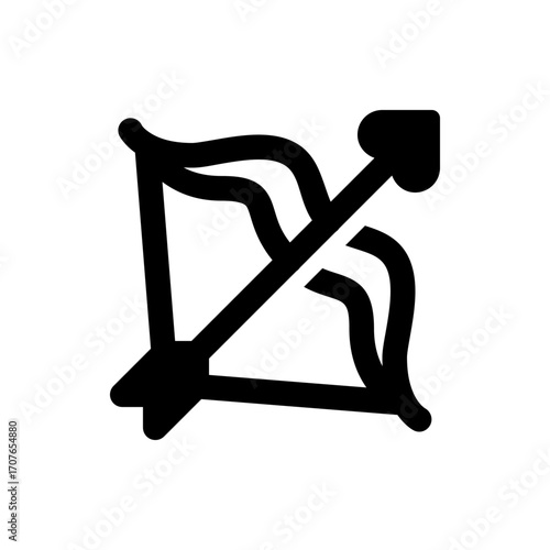 Illustration of a black bow and arrow with a heart shaped tip against a white plain background art work