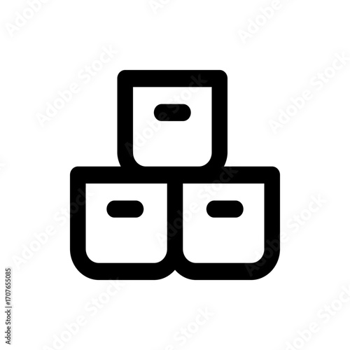 Three storage boxes stacked on top of each other with handles shown in a simple black and white design