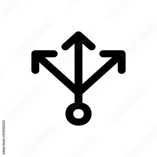 A black usb symbol with three arrows pointing in different directions and a circle at the bottom end