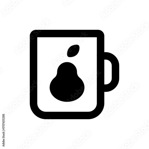 Black and white graphic of a mug with a pear shape design on the front and a handle on the right side