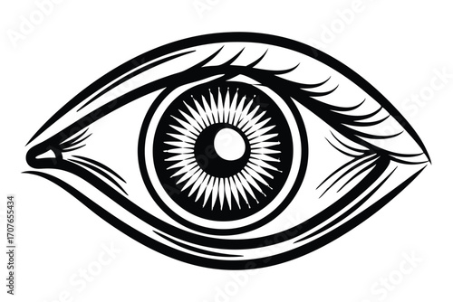 Bold outline reveals intricate patterns forming a watchful, eye on a bright white backdrop