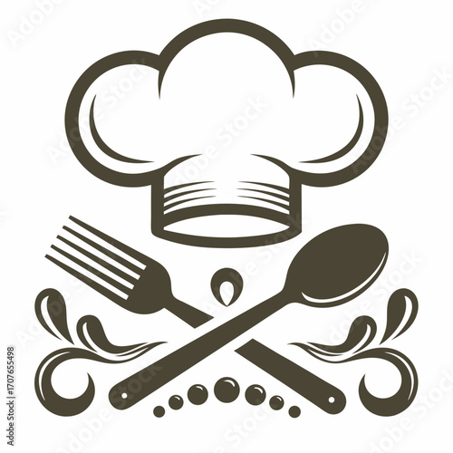 Brown chef hat over crossed spoon and fork with decorative accents suggests culinary expertise