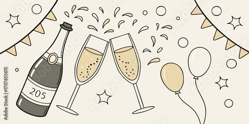 New Year champagne toast vector illustration. Glasses clinking, sparkling wine pouring, confetti, and party decorations. Elegant and festive holiday celebration concept. Isometric/vector art.