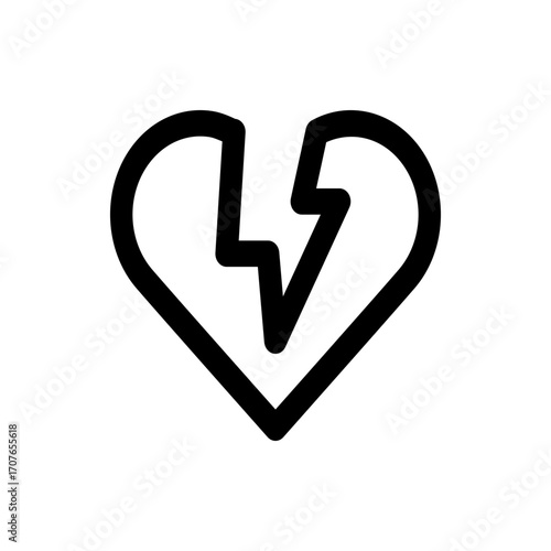 A stylized black and white illustration of a heart shape broken by a lightning bolt design element icon