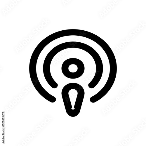 Illustration of a podcast symbol with three concentric circles and a microphone icon in black and white