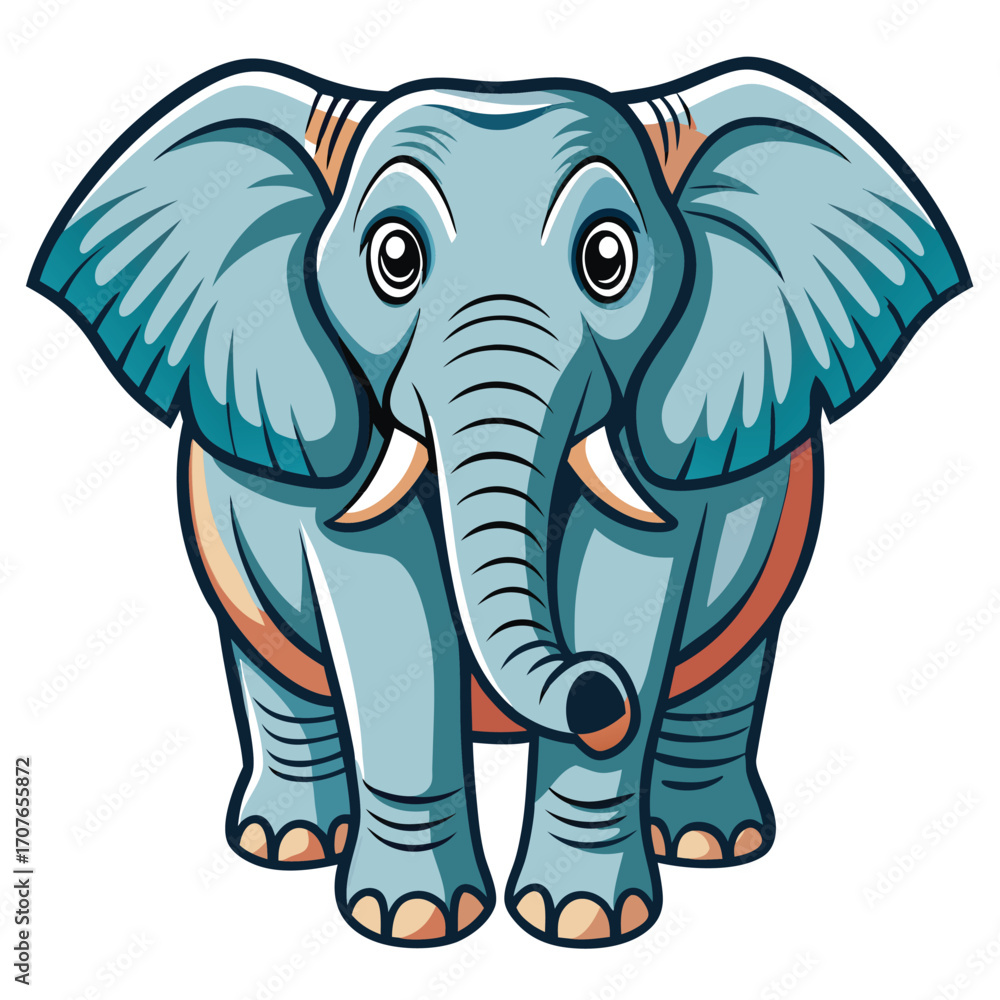 Naklejka premium Cartoon elephant stands smiling with large ears and tusks in a cute vector