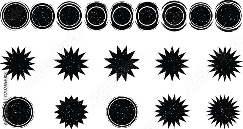 Collection of textured starburst and circular badge graphic elements