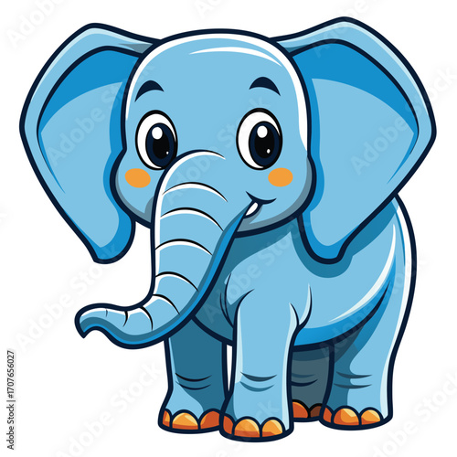 Charming blue cartoon elephant with big eyes stands happily looking at the viewer