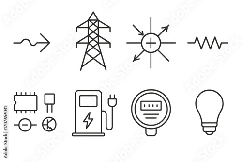 Electricity icons: circuit, pylon, transformer, resistor, components, charging, meter, bulb