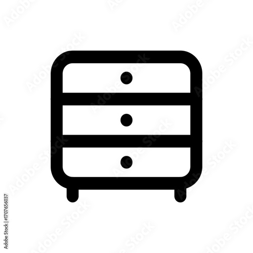 A simple black and white illustration of a cabinet with three drawers and round knobs on a white background