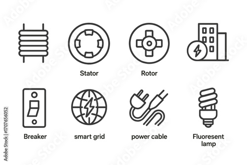Electrical symbols: coil, stator, rotor, breaker, smart grid, power cable, fluorescent lamp icons