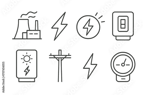 Set of energy icons: power plant, electricity, meter, solar panel, lightning bolt