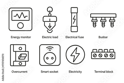 Electrical icons: energy monitor, electrical fuse, smart socket, terminal block