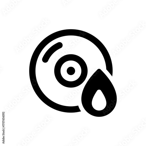 Illustration of a compact disc with a circular shape and a water droplet on the right side in black outline