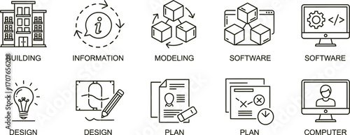 Collection of conceptual icons representing building, information, modeling, software, design, and planning.