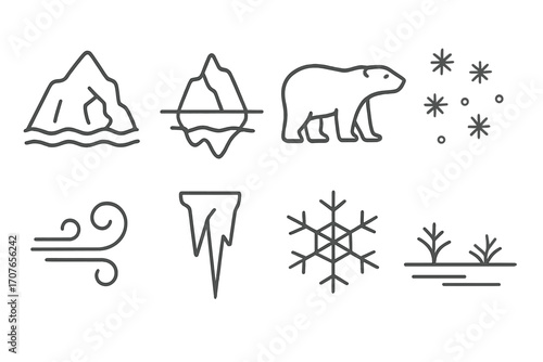 Minimalist arctic icons featuring icebergs, polar bear, and snowflakes