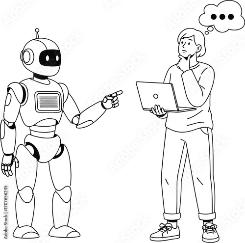 Person with laptop pondering robot's question in a thought bubble