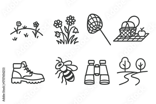 Outdoor adventure icons: hiking, picnic, wildlife exploration elements