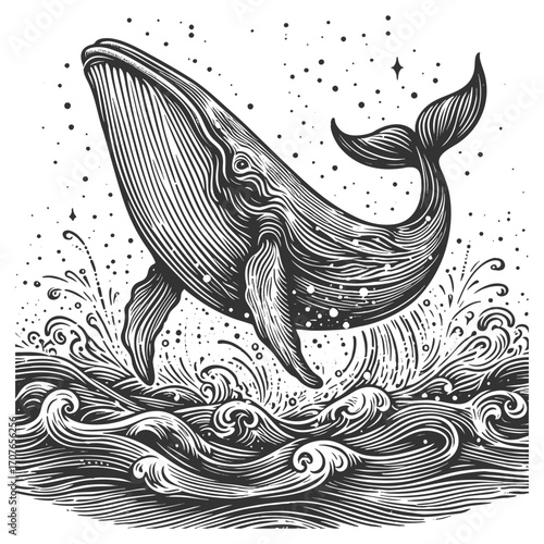 whale breaching the sea, surrounded by splashing waves and flying seabirds in retro style sketch engraving generative ai vector illustration. Scratch board imitation. Black and white image.