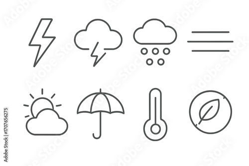 Minimalist weather icons set: lightning, cloud, snow, fog, sun, umbrella, thermometer, leaf