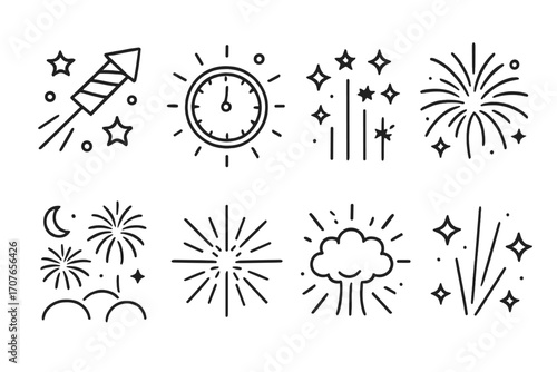 Festive fireworks and celebrations icon set featuring clocks and starbursts