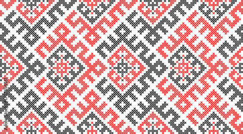 Traditional Ukrainian ornament vector, red and black cross-stitch seamless pattern, ethnic vyshyvanka embroidery, folk geometric background for print, fabric, clothing, website, banner