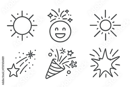 Festive icons: sunburst, sparkle face, shooting star, party popper, explosion