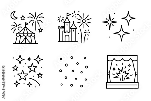 Outline circus tent castle fireworks stars celebration set