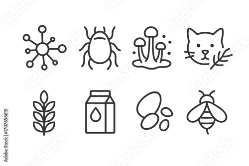 Allergen icons: dust, pollen, mold, pet, insect, dairy, nuts, bee