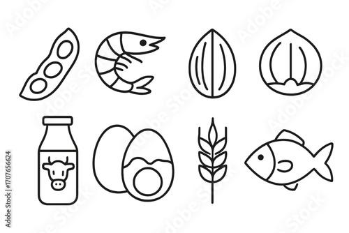 Line art of common food allergens: soy, shrimp, nuts, dairy, eggs, wheat, fish