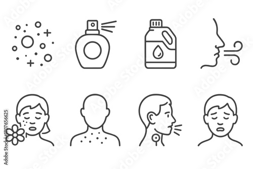 Allergy and sensitivity icons: triggers, symptoms, reactions, treatments, prevention strategies