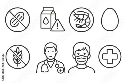 Allergy icons: peanuts, milk, seafood, eggs, wheat, doctor, patient, medical cross