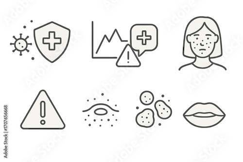 Medical icons including virus, alert signs, and female with rash